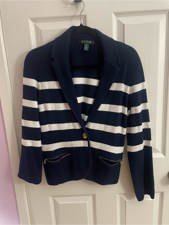 Ralph Lauren Jackets & Blazers - Ralph Lauren Navy and White Striped Knit Blazer with Gold Zipper Accents